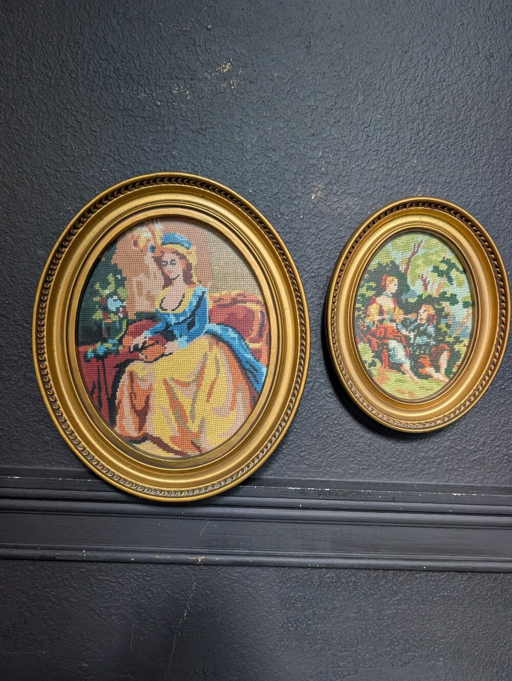 Vintage, set of 2, Victorian style needlepoint embroidery Art in Gold Oval Wood